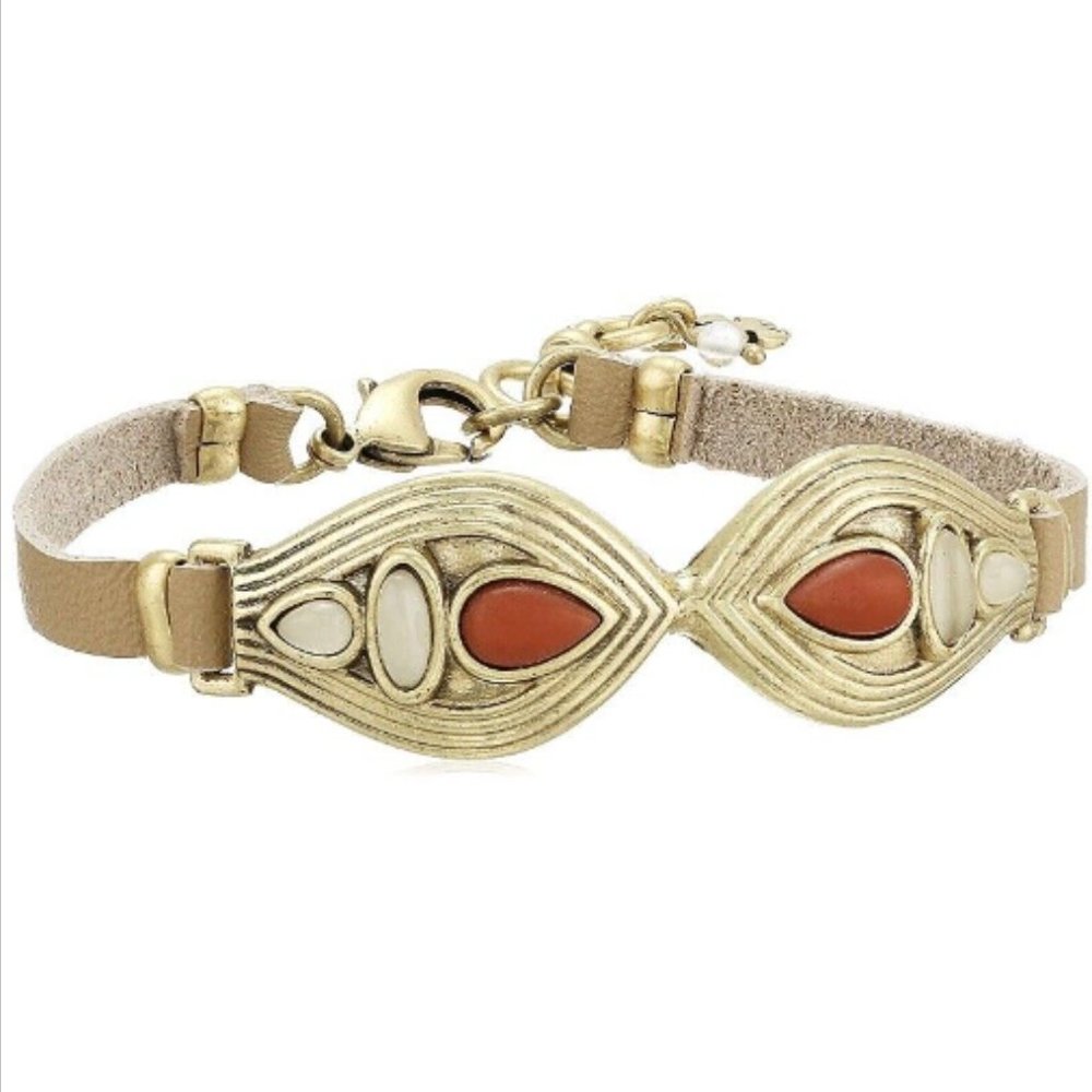 Lucky Brand Gold Tone Colored Stone Tan Leather Bracelet